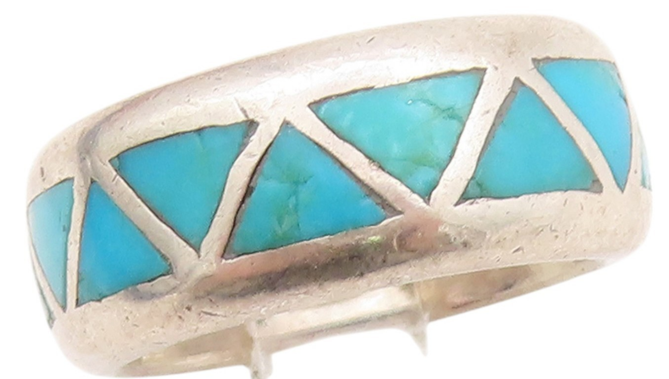 925 Sterling Silver Vintage Ring SOUTHWESTERN Triangle Turquoise Sz 5 RG33073