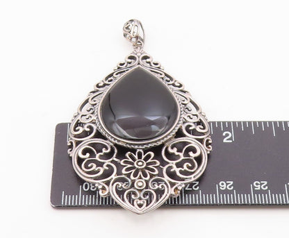925 Sterling Silver  Vintage Black Onyx Floral Baroque Swirl Pendant  PT15438