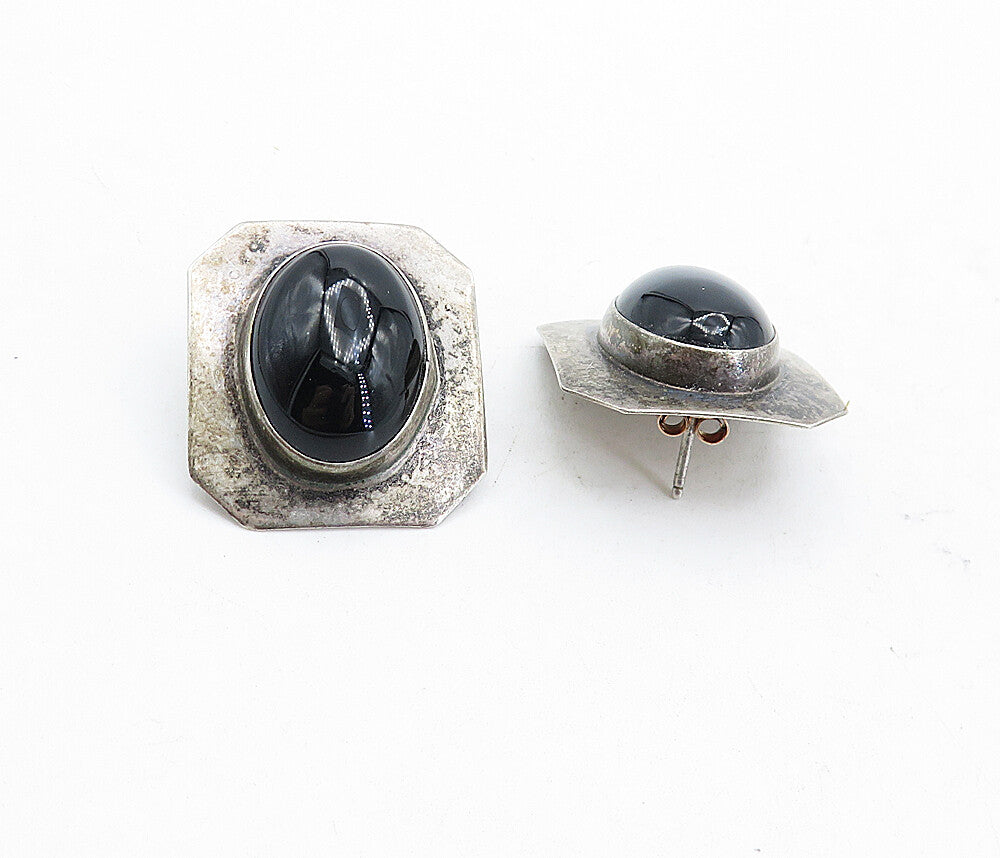 925 Sterling Silver  Vintage Cabochon Cut Black Onyx Drop Earrings  EG2364