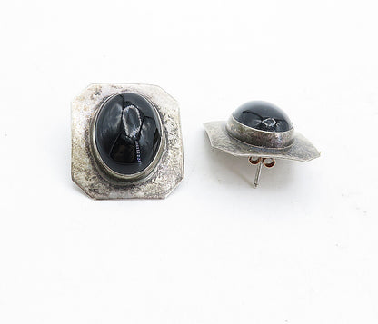 925 Sterling Silver  Vintage Cabochon Cut Black Onyx Drop Earrings  EG2364
