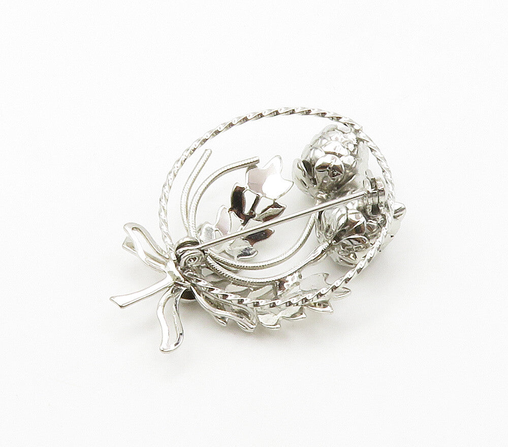 925 Sterling Silver  Vintage Shiny Floral Leaf Ribbon Bow Brooch Pin  BP6092