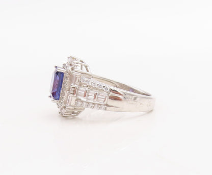 925 Sterling Silver Vintage Ring Rectangle Sapphire Halo CZ Inlay  Sz 7  RG30745