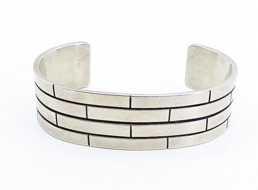 925 Sterling Silver  Vintage Shiny Brick Layer Design Cuff Bracelet  BT1761