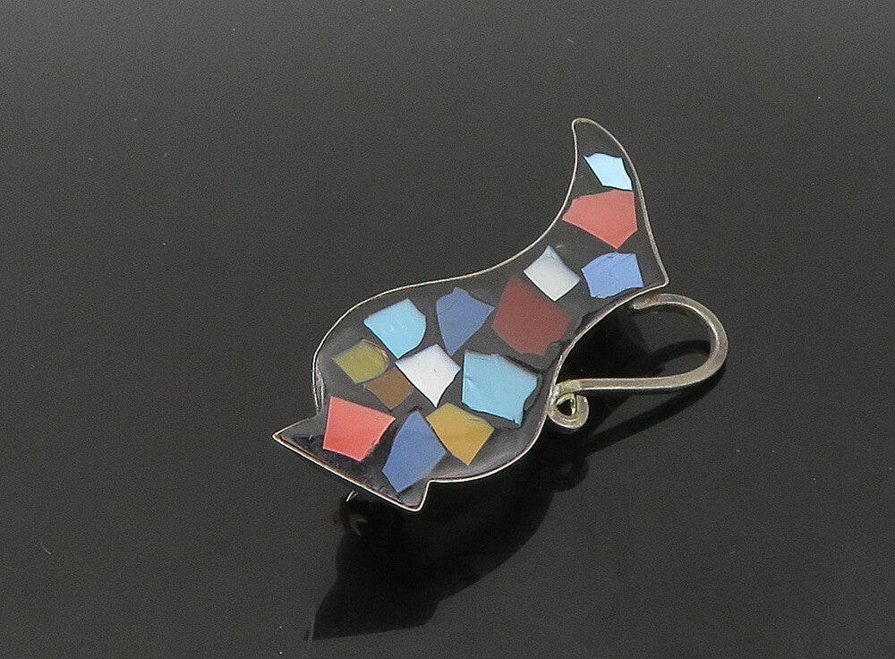 ISRAEL 925 Silver  Vintage Mother Of Pearl Mosaic Vase Brooch Pin  BP9181