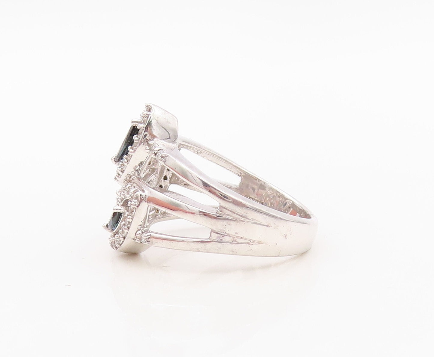 925 Sterling Silver Vintage Ring Modernist Floral Cut Sapphire & CZ Sz 7 RG30134