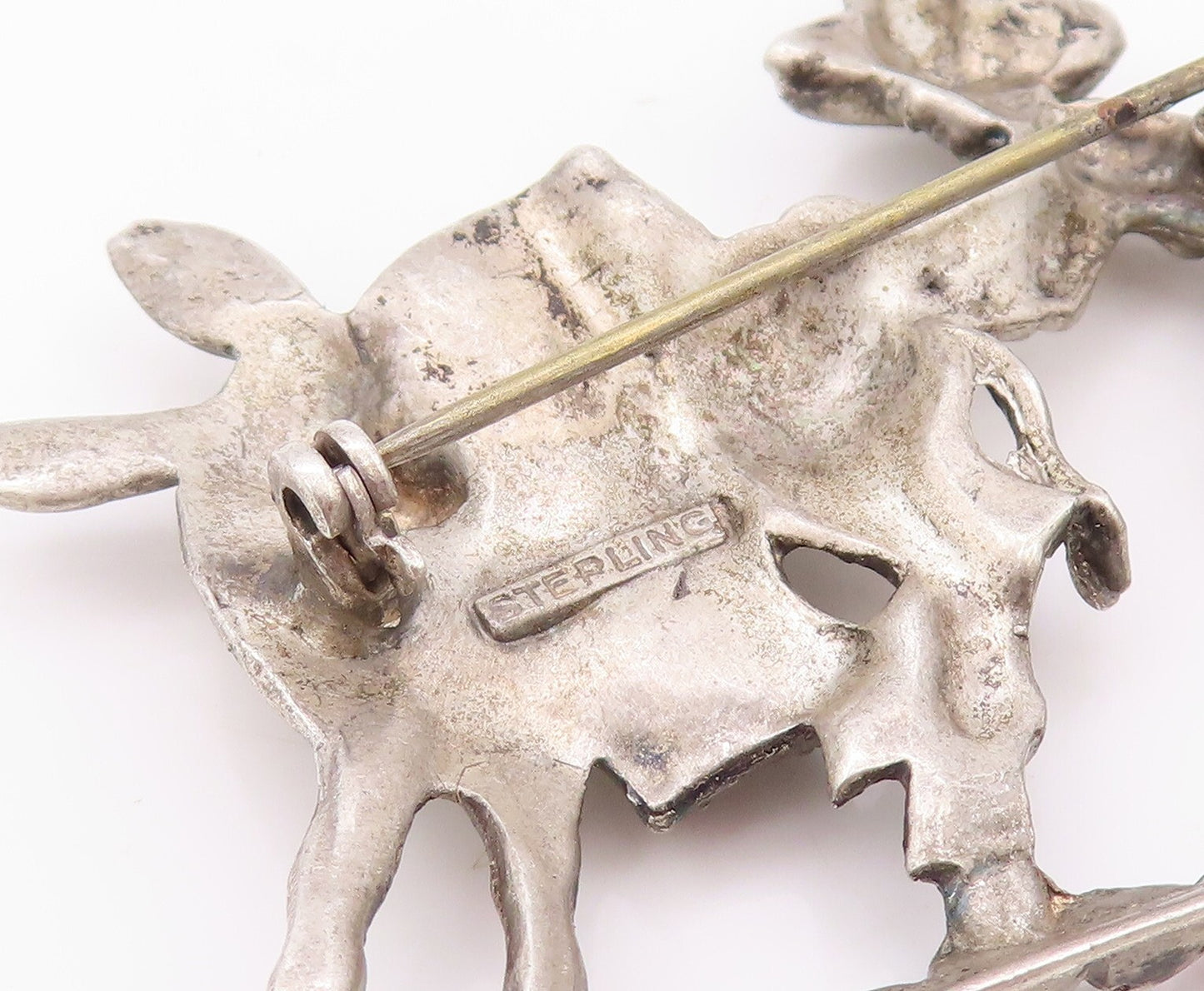 925 Sterling Silver Vintage Brooch Pin Antique Multi Stone Donkey & Man  BP11158