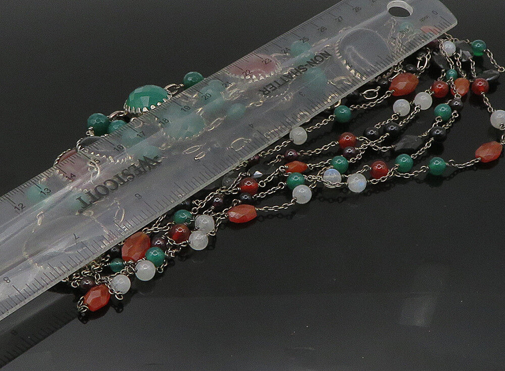 925 Sterling Silver  Vintage Onyx Carnelian & Moonstone Chain Necklace  NE3769