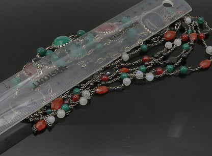 925 Sterling Silver  Vintage Onyx Carnelian & Moonstone Chain Necklace  NE3769
