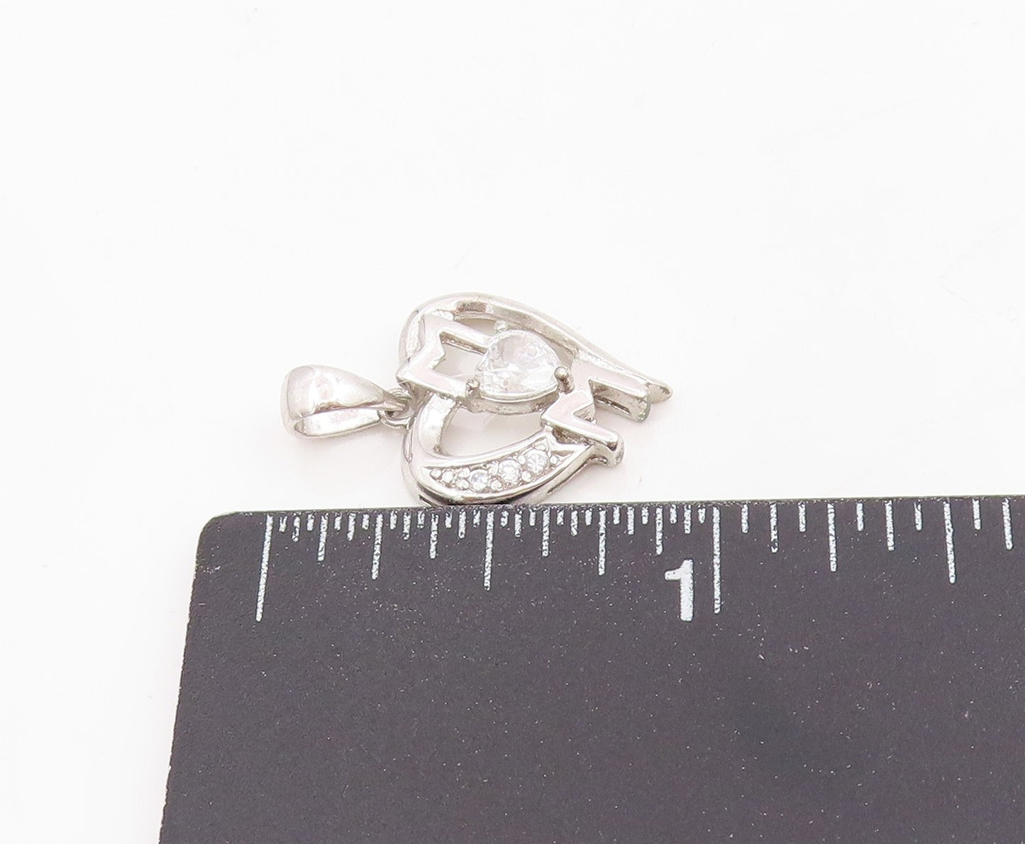 925 Sterling Silver Vintage Pendant Cubic Zirconia MOM Love Heart Charm  PT25527