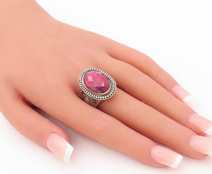 925 Sterling Silver Vintage Ring Oval Red Gemstone Halo Beaded  Sz 8.5  RG30201