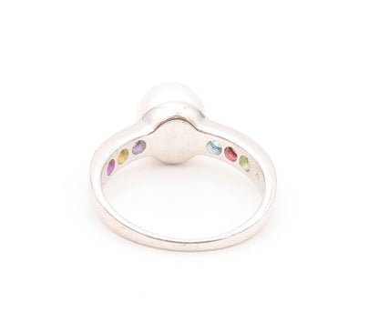 925 Sterling Silver Vintage Ring Modernist Pearl & Gemstone  SZ 8  RG32145