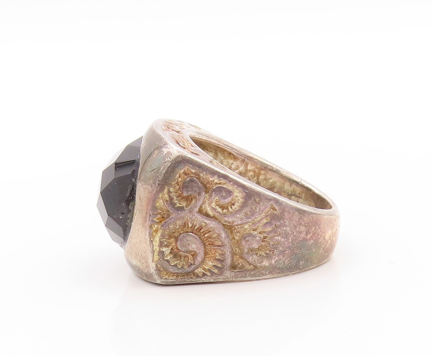 925 Sterling Silver Vintage Ring Swirls Etched Oval Cut Onyx  Sz 7  RG32846