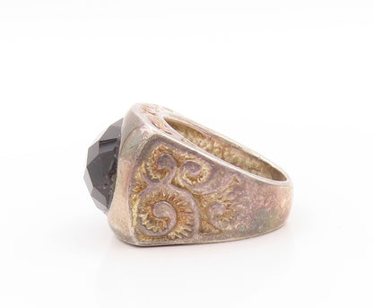 925 Sterling Silver Vintage Ring Swirls Etched Oval Cut Onyx  Sz 7  RG32846