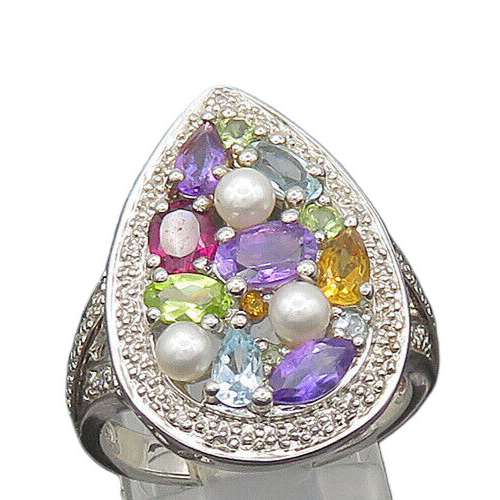 925 Silver Vintage Pearls & Peridot Multi Stone Cocktail Ring Sz 8 RG20942
