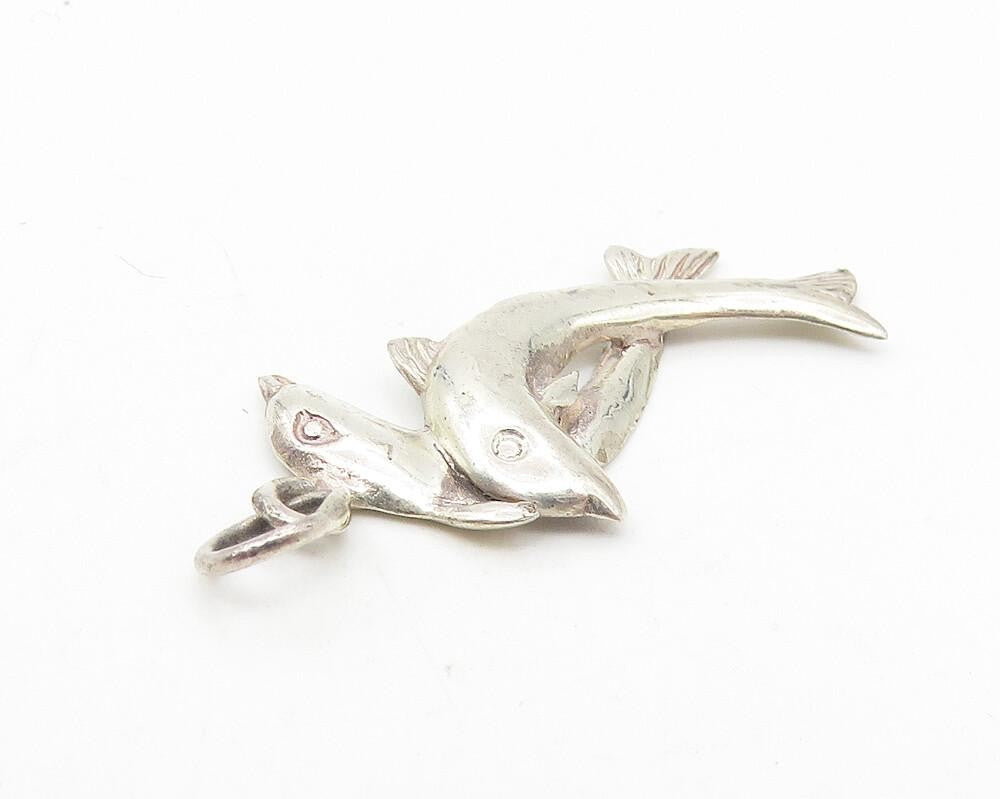 925 Sterling Silver  Vintage Double Dolphin Love Smooth Drop Pendant  PT9377
