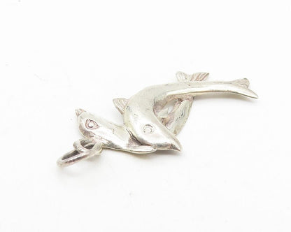 925 Sterling Silver  Vintage Double Dolphin Love Smooth Drop Pendant  PT9377