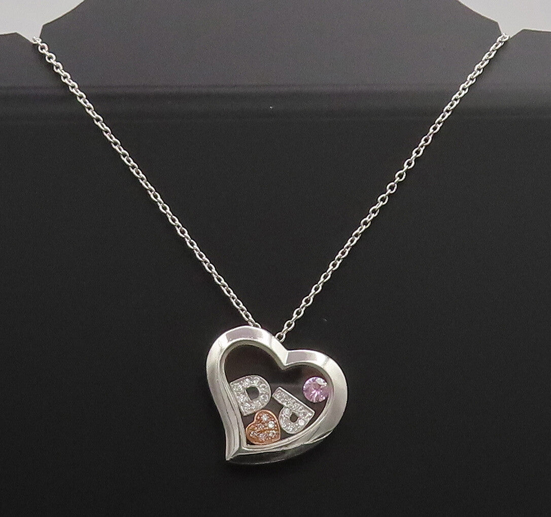 925 Silver  Vintage Heart Caged Letters Charms CZ Chain Necklace  NE4035