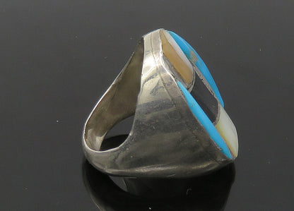 ZUNI NAVAJO 925 Silver  Vintage Heavy Multi Stone Band Ring Sz 11  RG22545