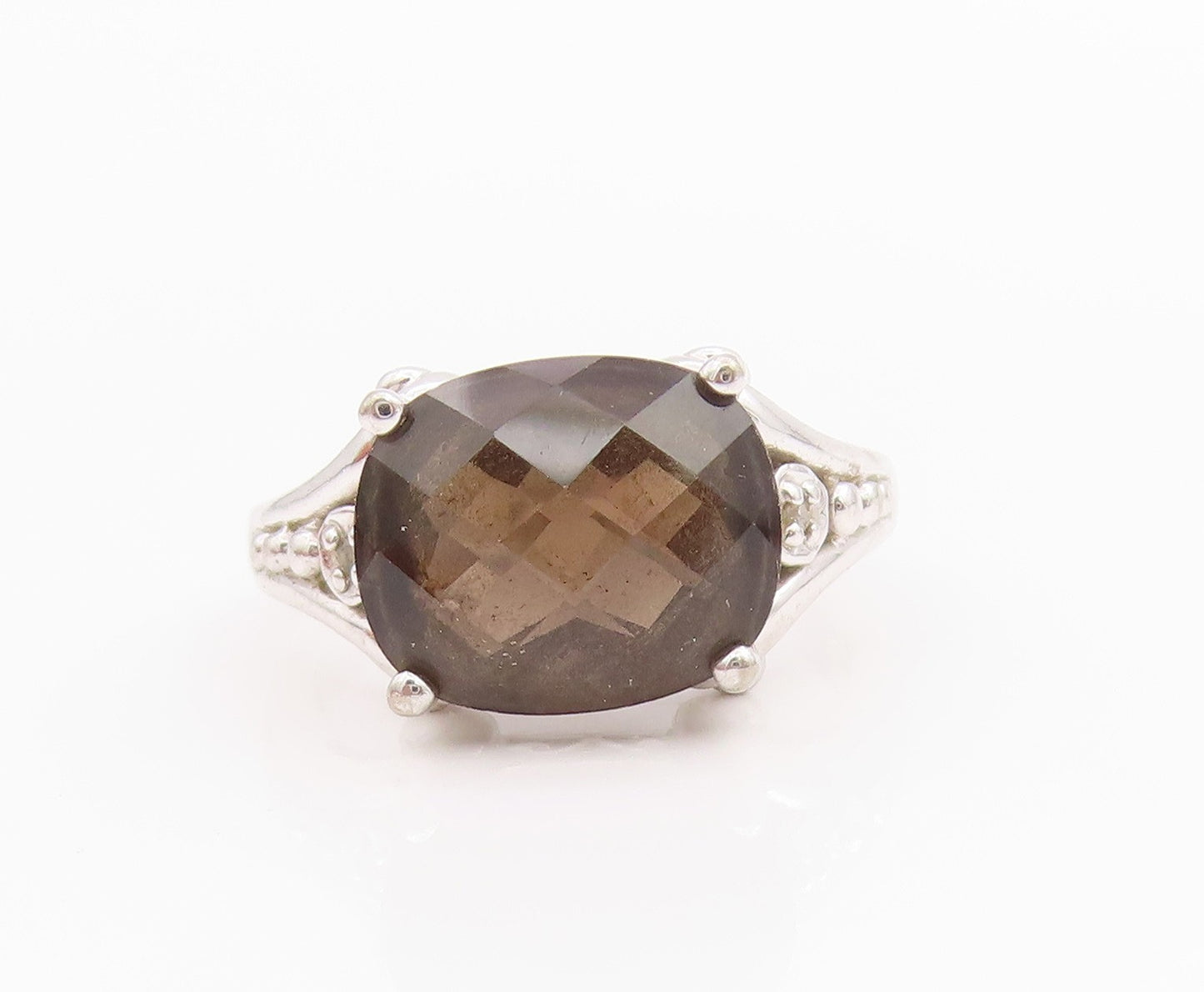 925 Sterling Silver Vintage Ring Diamonds & Oval Cut Smoky Quartz  Sz 7  RG33186
