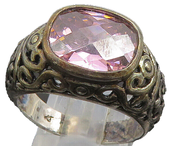 925 Sterling Silver  Vintage Pink Cubic Zirconia Scroll Ring Sz 10  RG24659