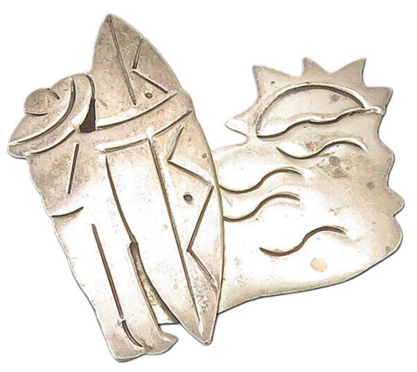 MEXICO 925 Silver  Vintage Man With Surf Board Beach Scene Brooch Pin  BP8742