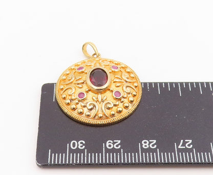 925 Sterling Silver Vintage Pendant Gold Plated Garnet & Ruby Medallion  PT26216