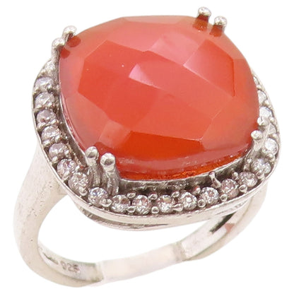 925 Sterling Silver Vintage Ring Faceted Carnelian Halo CZ Band  Sz 7.5  RG36569