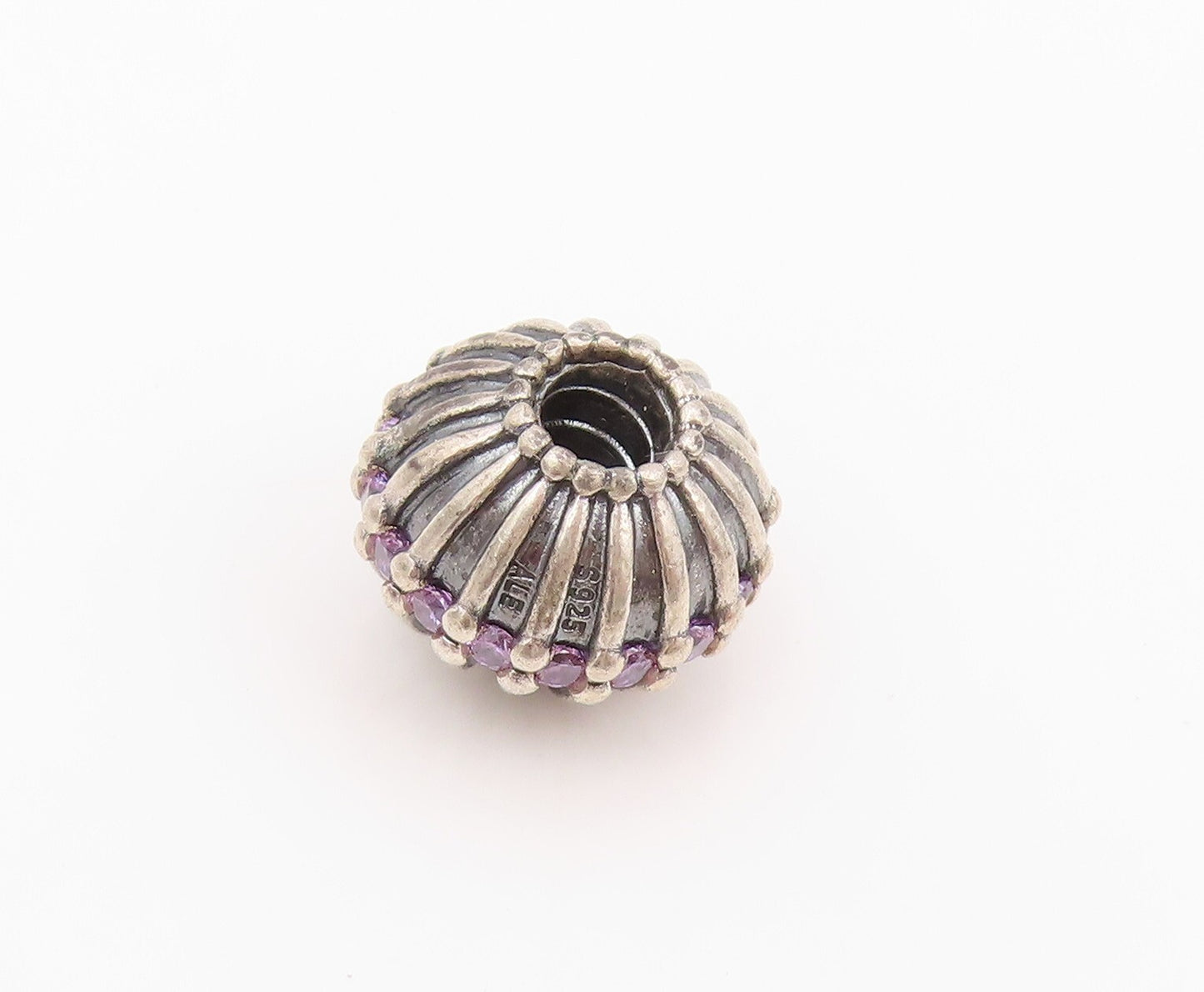 925 Sterling Silver Vintage Pendant PANDORA Amethyst Inlay Grooved Bead  PT24188