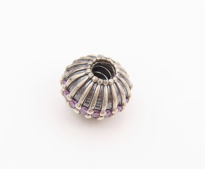 925 Sterling Silver Vintage Pendant PANDORA Amethyst Inlay Grooved Bead  PT24188