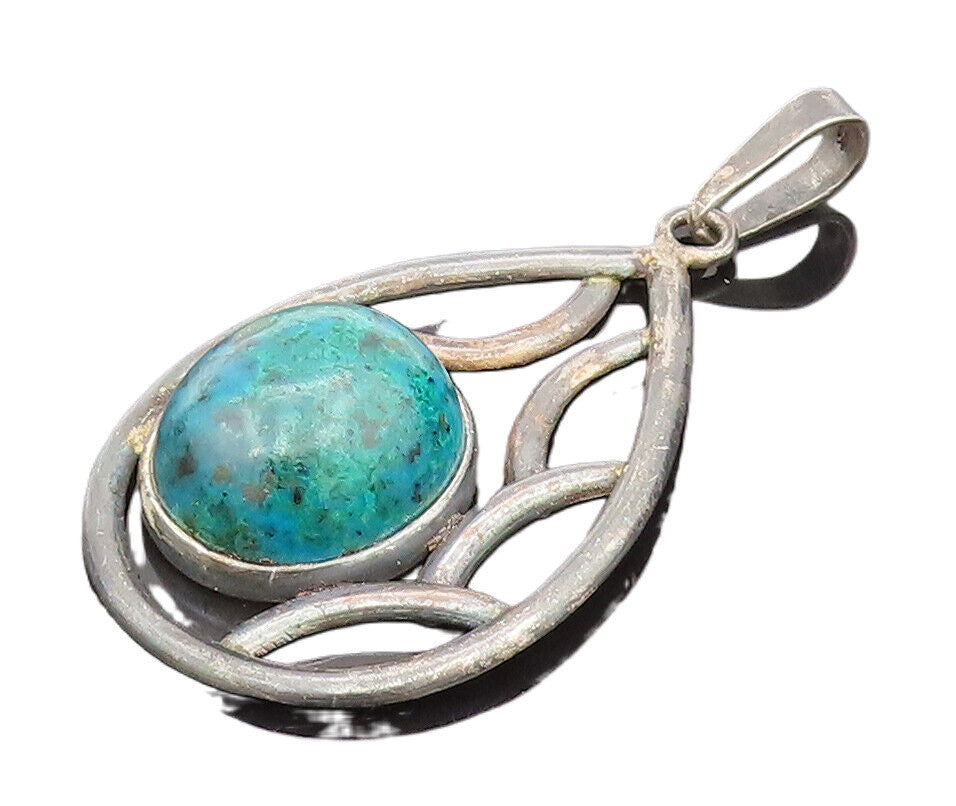 ISRAEL 925 Sterling Silver  Vintage Malachite Teardrop Pendant  PT22068