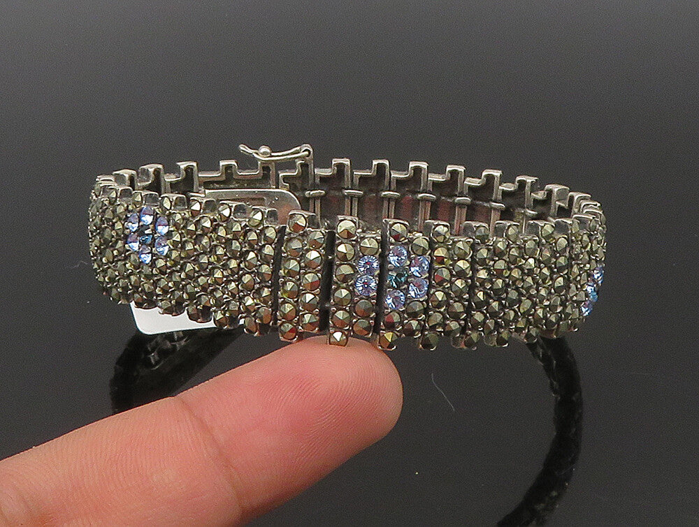 925 Sterling Silver  Topaz & Marcasite Floral Tennis Bracelet  BT1015