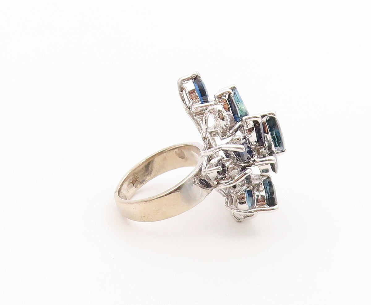 925 Sterling Silver Vintage Ring Real Diamonds & Sapphire Flower  Sz 6  RG36623