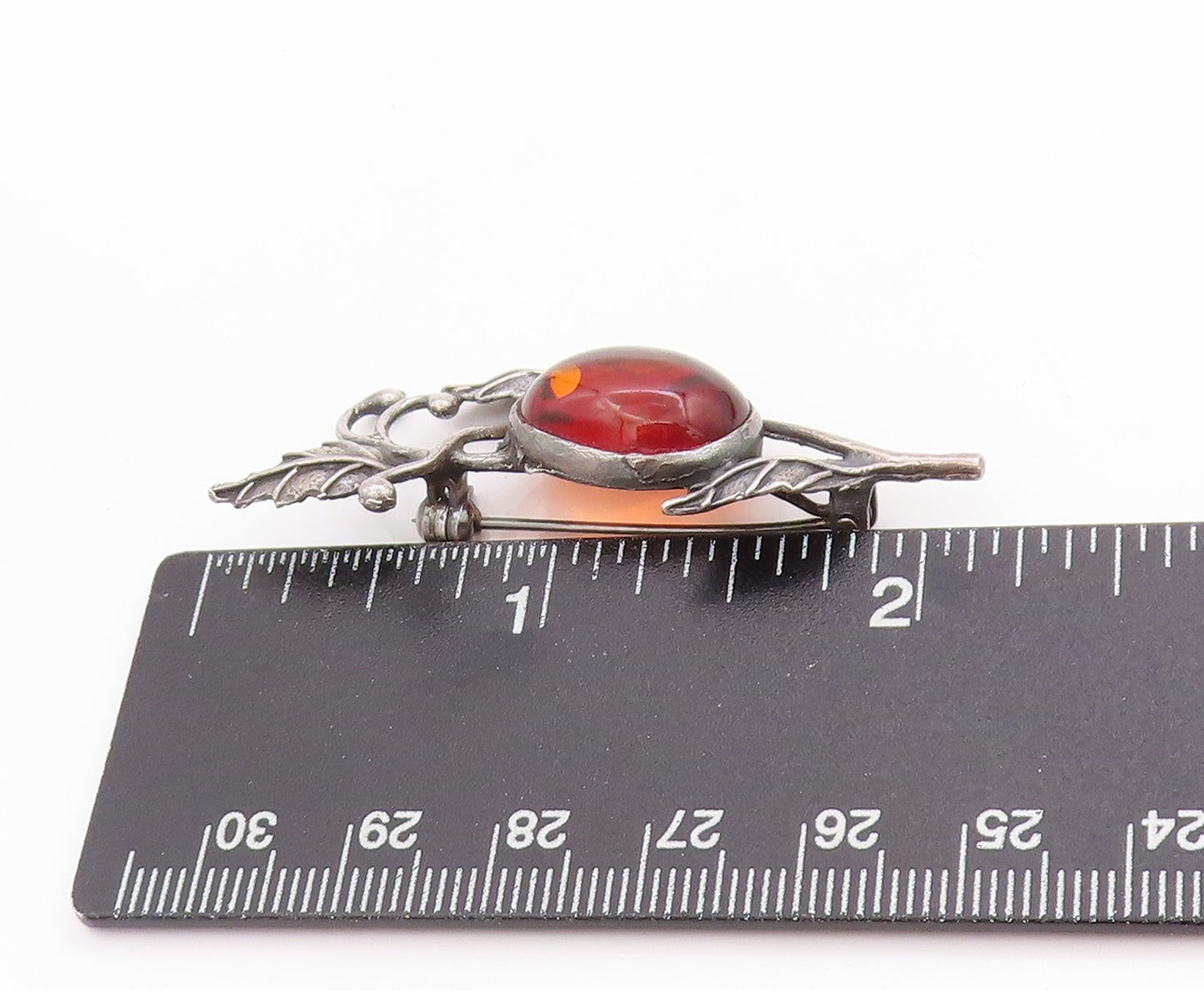 925 Sterling Silver Vintage Brooch Oval Amber Etched leaves With Branch  BP11840