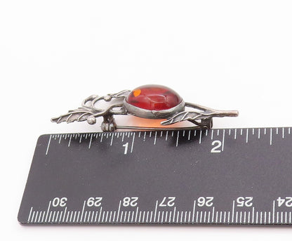 925 Sterling Silver Vintage Brooch Oval Amber Etched leaves With Branch  BP11840