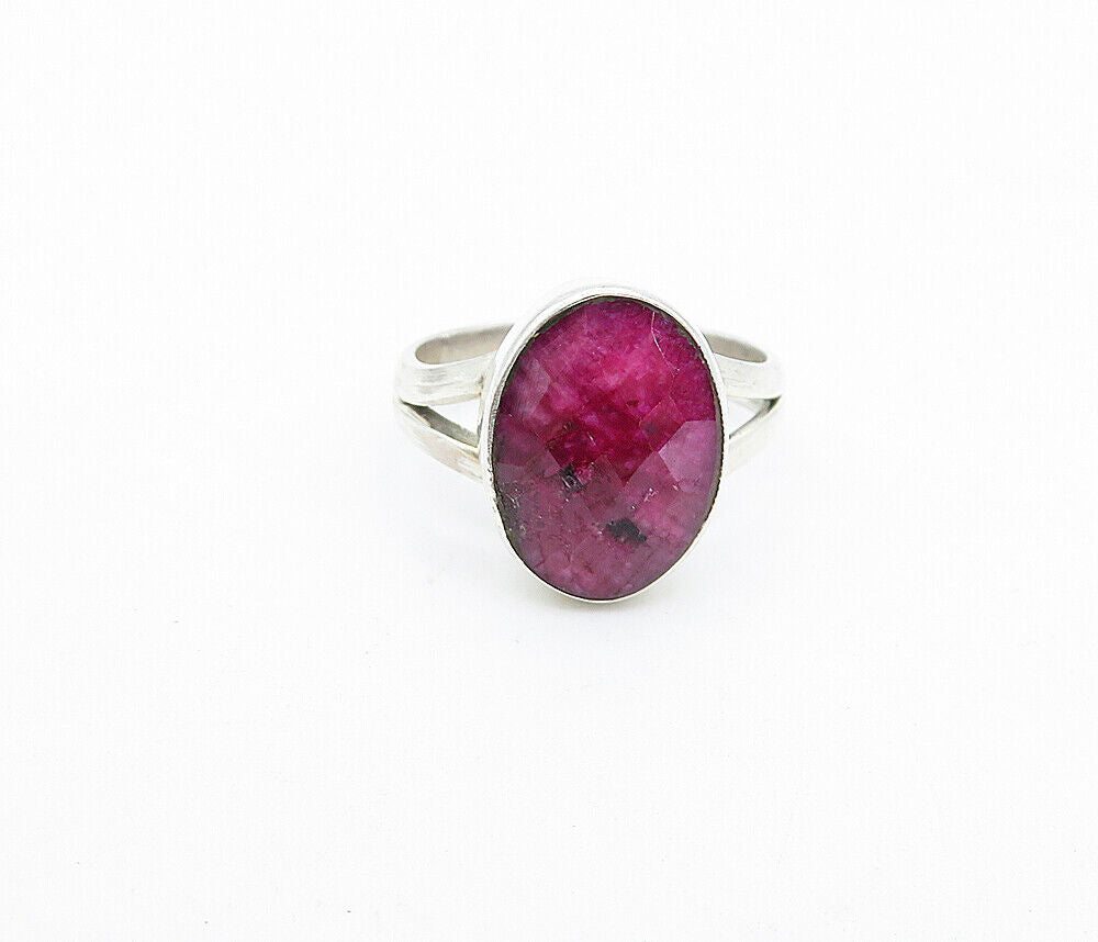 925 Sterling Silver  Vintage Faceted Ruby Split Band Cocktail Ring Sz 8 RG4440