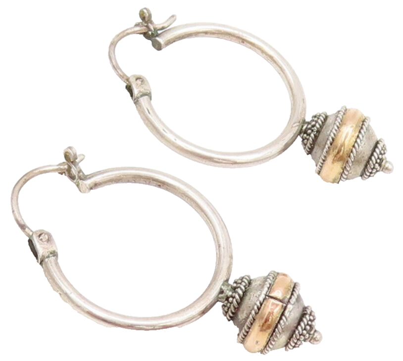 18k GOLD 925 Sterling Silver  Vintage Rope Carved Bead Hoop Earrings  EG12777