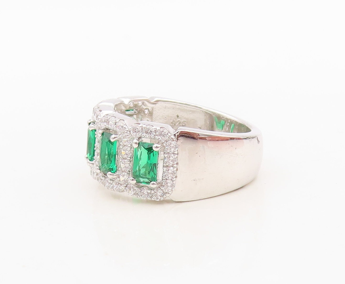 925 Sterling Silver Vintage Ring Rectangle Green Halo White CZ  Sz 7.5  RG30483