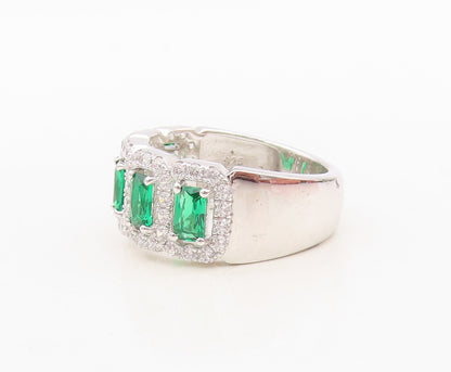 925 Sterling Silver Vintage Ring Rectangle Green Halo White CZ  Sz 7.5  RG30483