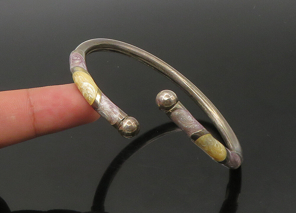 925 Sterling Silver  Vintage Enamel Detail Bypass Cuff Bracelet  BT8863