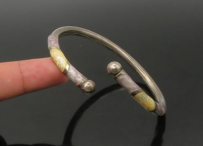 925 Sterling Silver  Vintage Enamel Detail Bypass Cuff Bracelet  BT8863