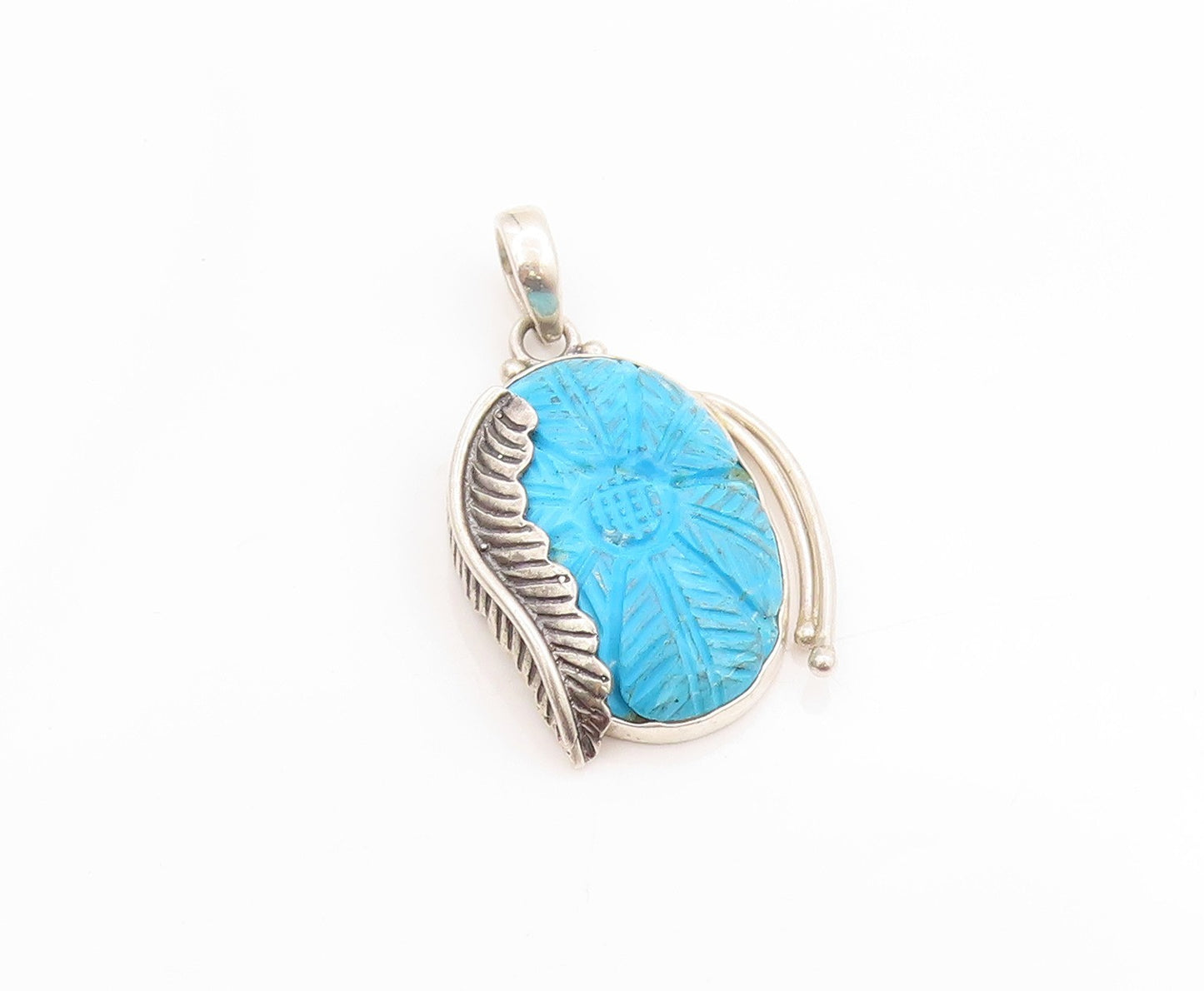 925 Sterling Silver Vintage Pendant Carved Turquoise Flower and Feather  PT24893