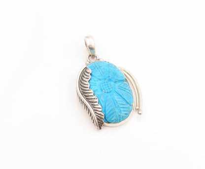 925 Sterling Silver Vintage Pendant Carved Turquoise Flower and Feather  PT24893