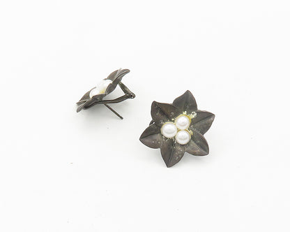 925 Silver  Vintage Freshwater Pearls Flower Motif Non Pierce Earrings  EG9475