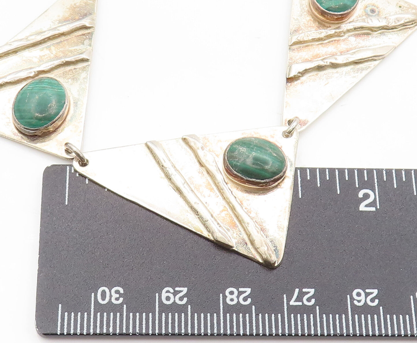 925 Silver  Vintage Modernist Malachite Carved Triangle Necklace  NE4138