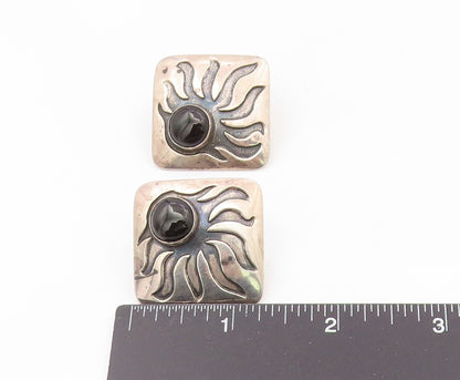 925 Sterling Silver Vintage Earrings Black Onyx Carved Sunburst Clip On  EG13871