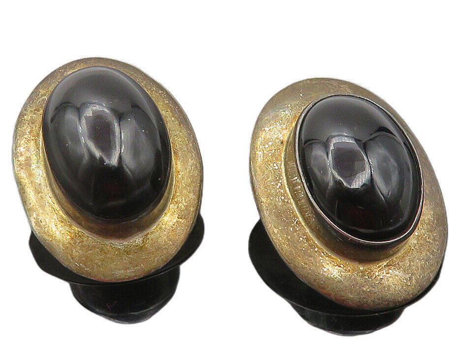 MEXICO 925 Sterling Silver  Vintage Cabochon Black Onyx Drop Earrings  EG5934