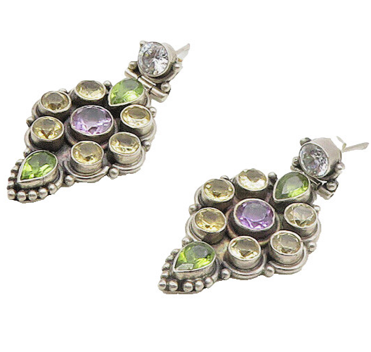 925 Silver   Vintage Cubic Zirconia Amethyst & Peridot Drop Earrings  EG8959