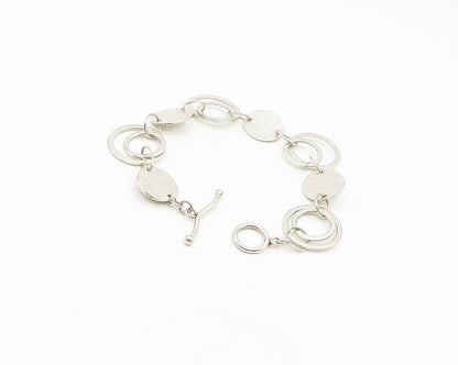 925 Sterling Silver  Vintage Shiny Open Circle Textured Chain Bracelet  BT7073