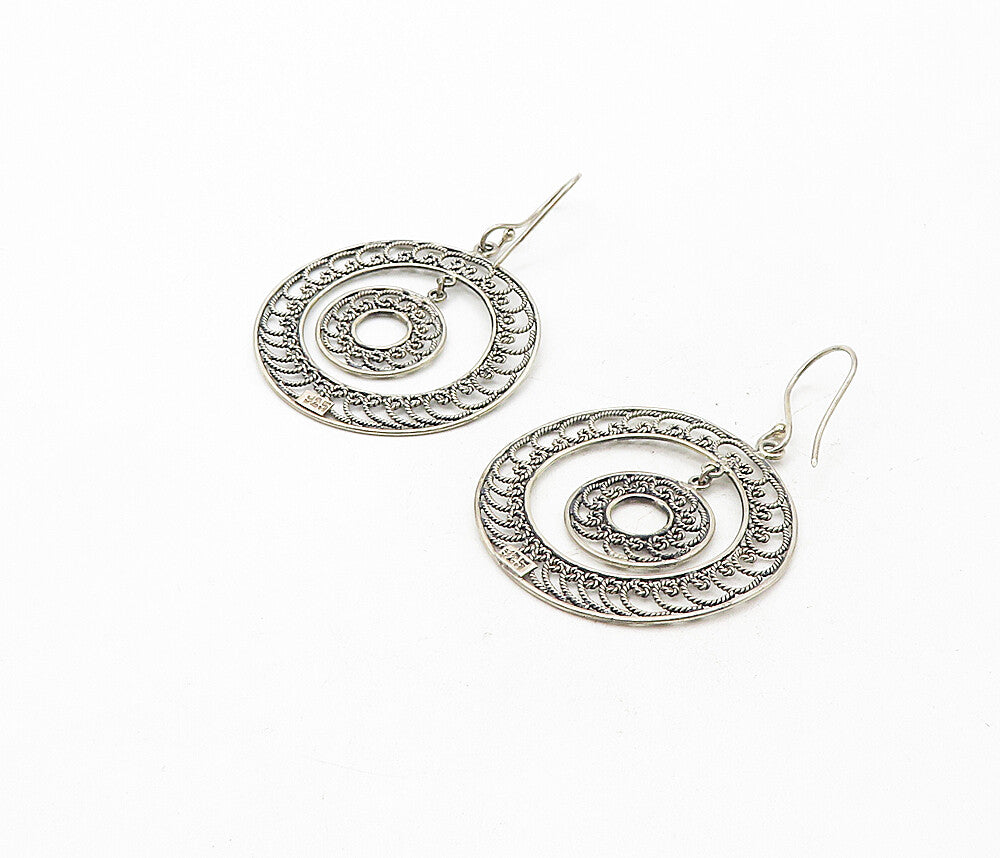 925 Sterling Silver Vintage Wire Swirl Twist Round Dangle Earrings EG3869