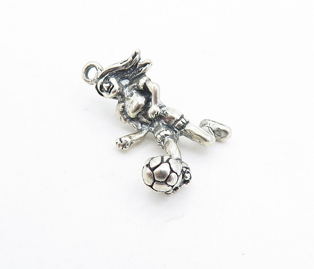 925 Sterling Silver  Vintage Sculpted Girl Playing Soccer Pendant  PT4800